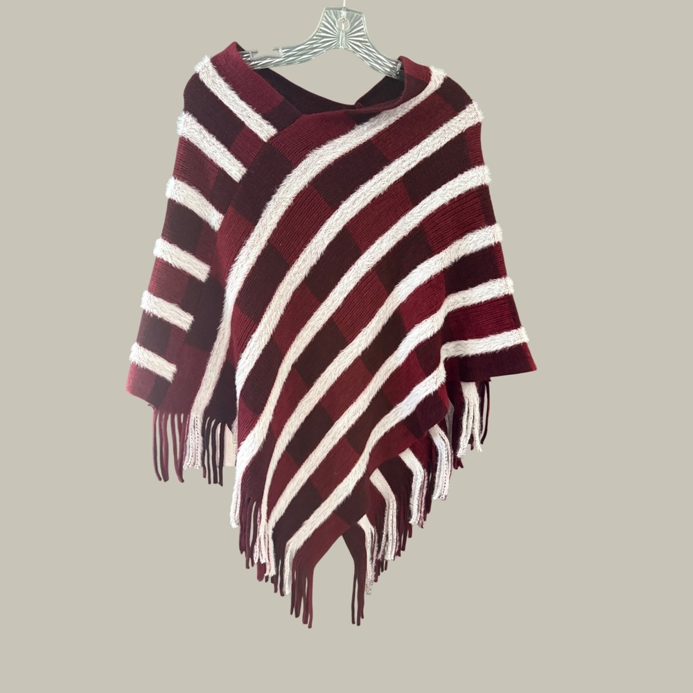 Northern Angel Womens Burgundy Plaid Fuzzy Knit Fringe Poncho Sweater SM